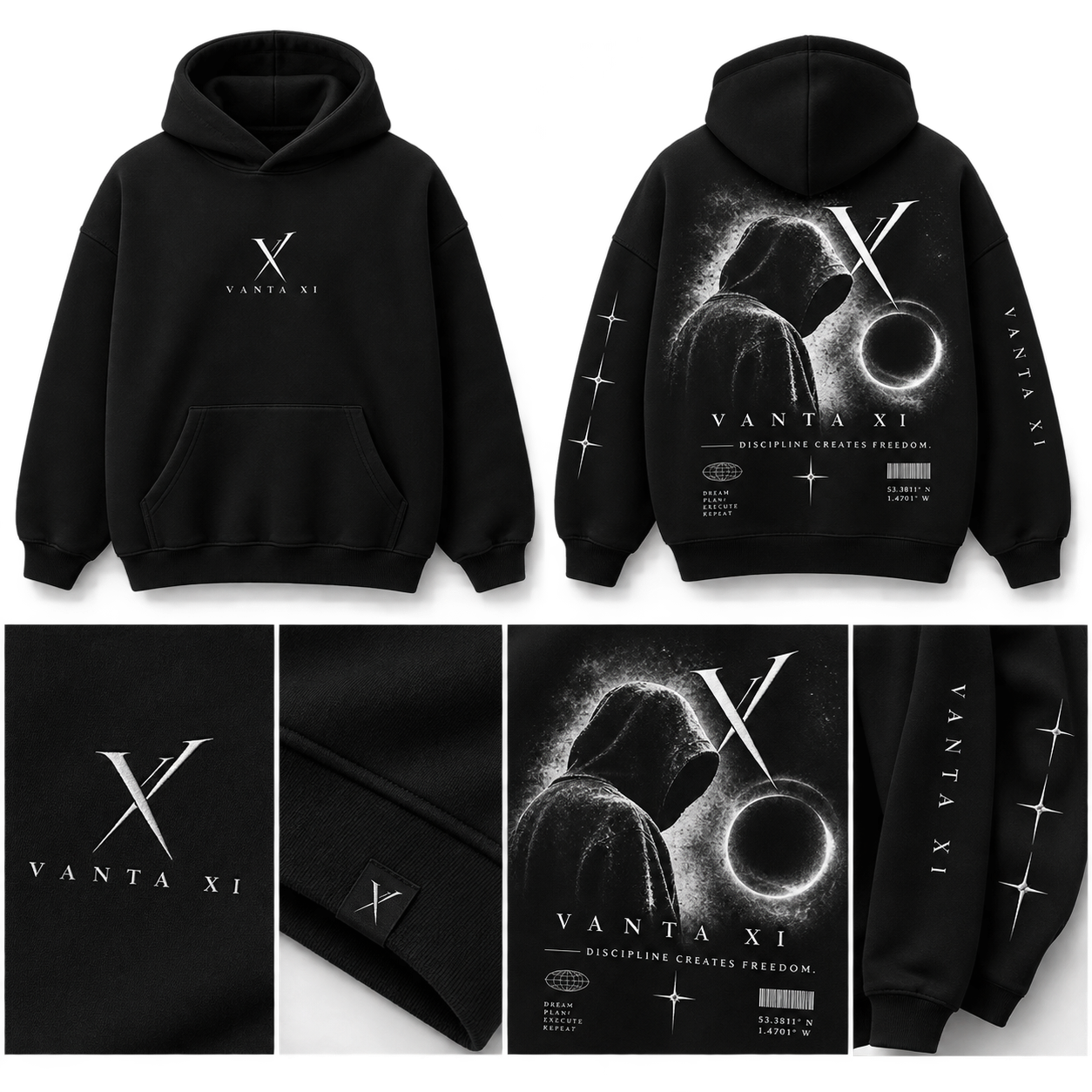 VANTA XI black heavyweight hoodie front and back